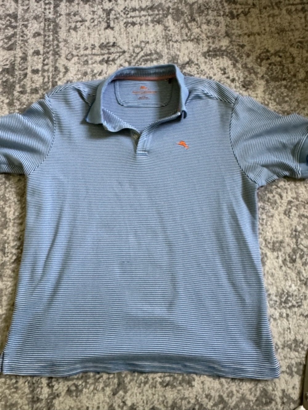 Tommy Bahama Light Blue Mini-Striped Polo with Orange Logo